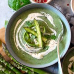 Top view with copy space. Asparagus soup. Healthy food.